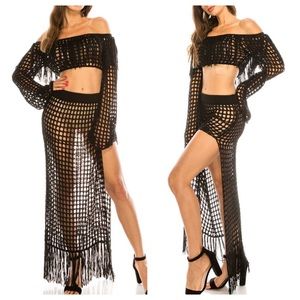 Elegant Black Crochet Skirt Set